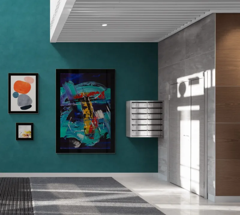 lobby area with art